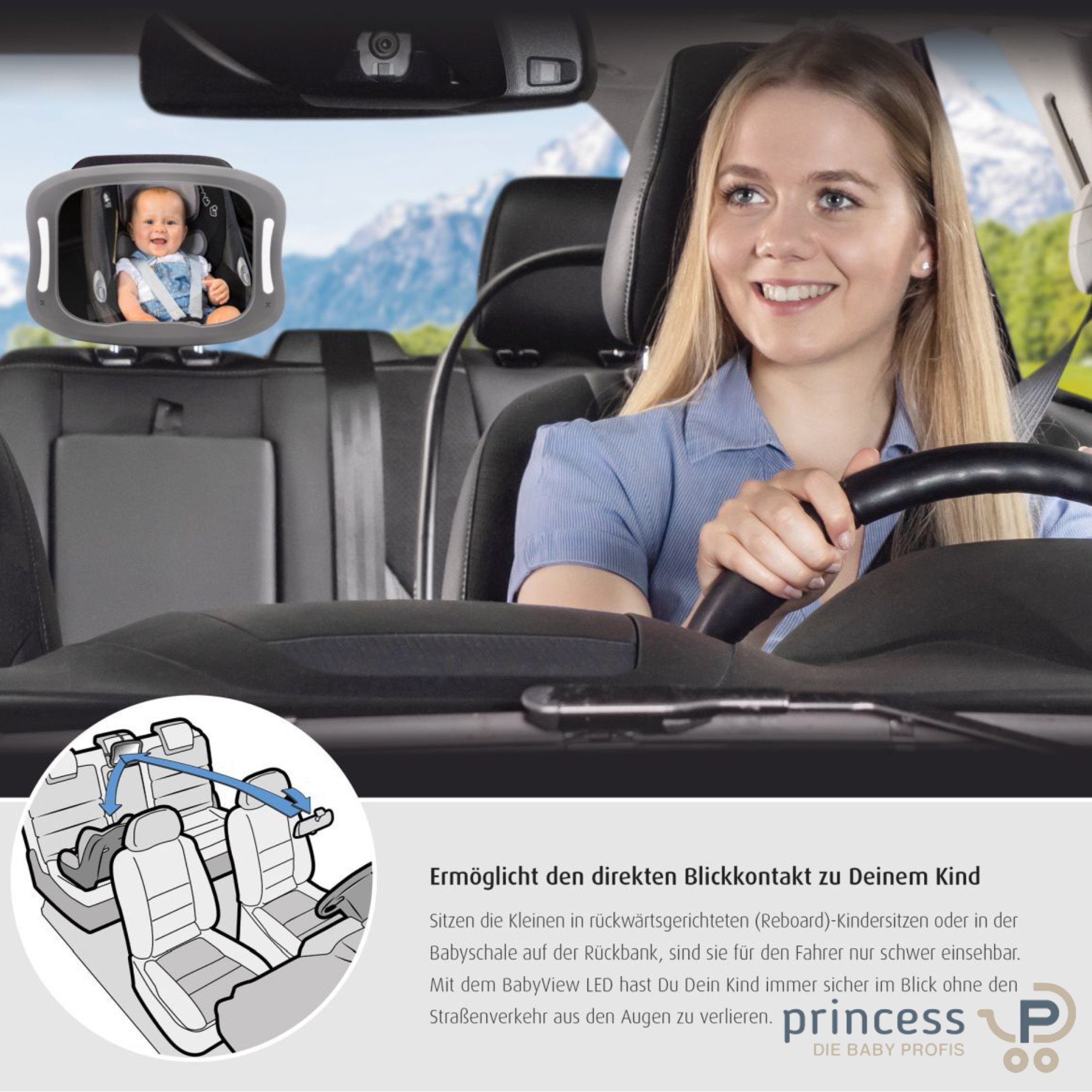 Reer BabyView LED Auto-Sicherheitsspiegel mit Onlineshop Kinderwagen - Princess Licht